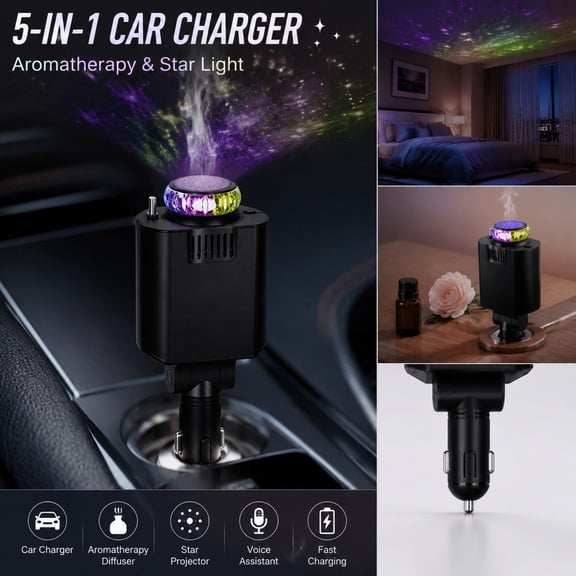5-In-1 Car Charging Scented Device, Essential Oil Diffuser for Car, Car Odor Eliminator, Automatic Car Air Freshener, Starlight Ceiling 45Ml Fragrance Diffuser, Stick Lighter