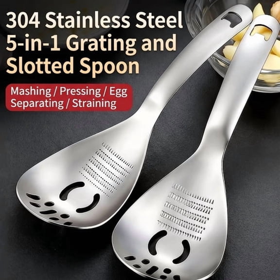 5-In-1 Cooking Spoon,Multifunction Stainless Steel Cooking Grater Spoon,Mash,Grate,Strain,Separate Eggs,Slotted Spoon &Grinding Bottle Opener Features,for Food Ingredients Noodle Use,Silver