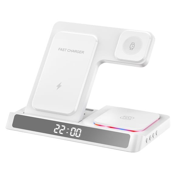5-in-1 Digital Alarm Clock with Wireless Charging for iPhone, Foldable Charger Dock Station Compatible with AirPods Pro-White