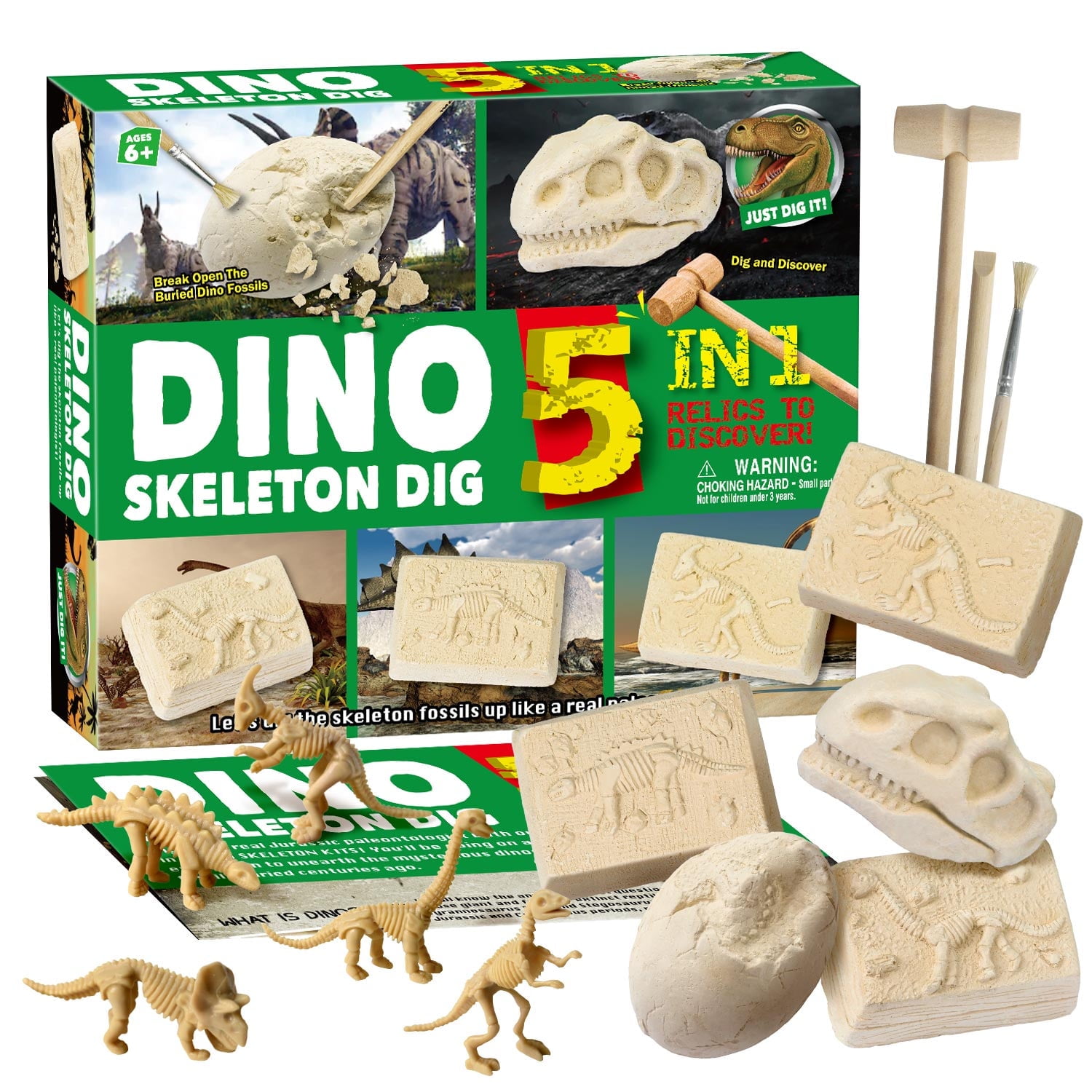 Piano Potato 5-in-1 Dinosaur Fossil Digging Kit, Dig Up 5 Dino Skeletons with T-Rex, Triceratops, Stegosaurus, Brachiosaurus, and Velociraptor Skeletons, Archeology Gift for Age 6+