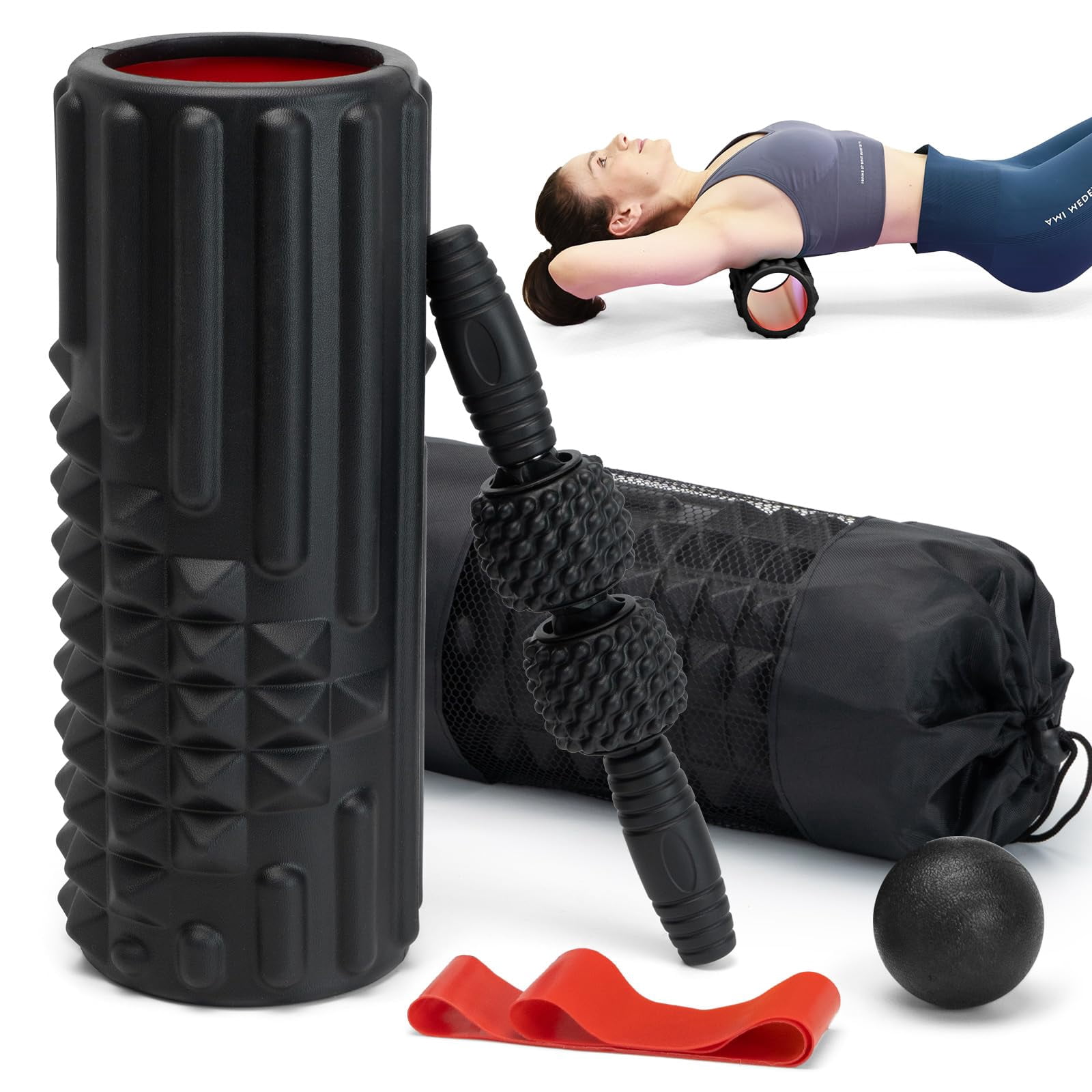 5 In 1 Foam Roller Set  High Density Fitness Exercise For Deep Tissue Massage Ball Resistance Band Whole Body(black)