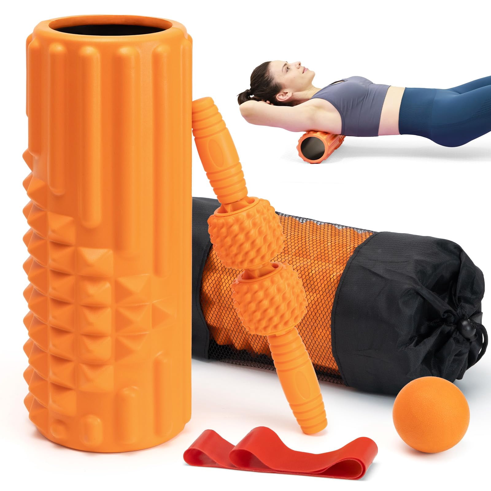 5 In 1 Foam Roller Set  High Density Fitness Exercise For Deep Tissue Massage Ball Resistance Band Whole Body(orange)