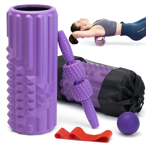 5 In 1 Foam Roller Set  High Density Fitness Exercise For Deep Tissue Massage Ball Resistance Band Whole Body(purple)