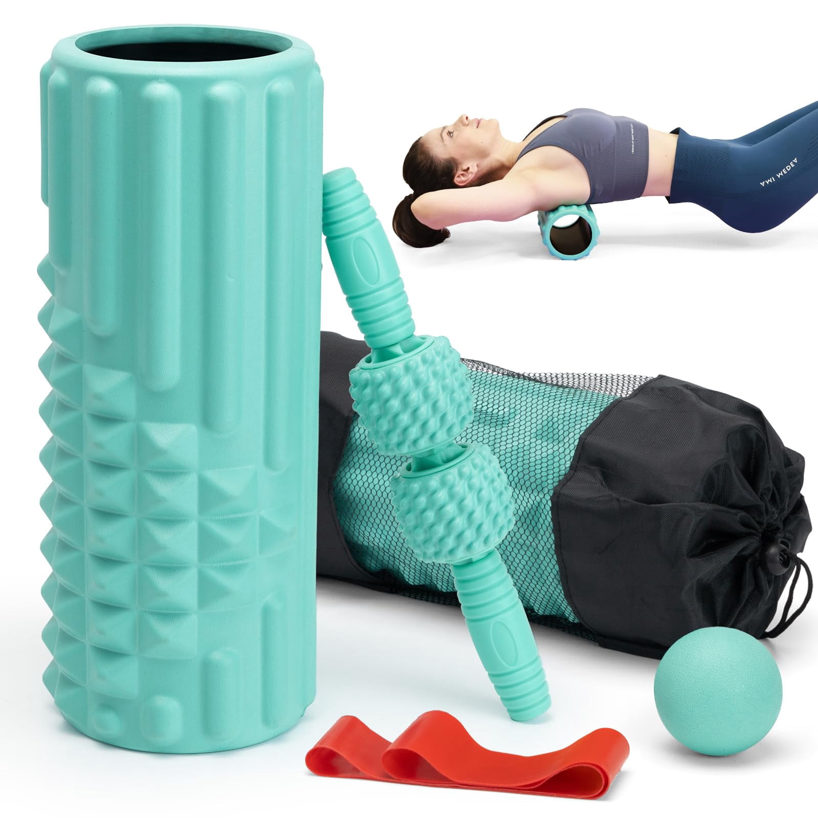5 In 1 Foam Roller Set  High Density Fitness Exercise For Deep Tissue Massage Ball Resistance Band Whole Body(tiffany Green)