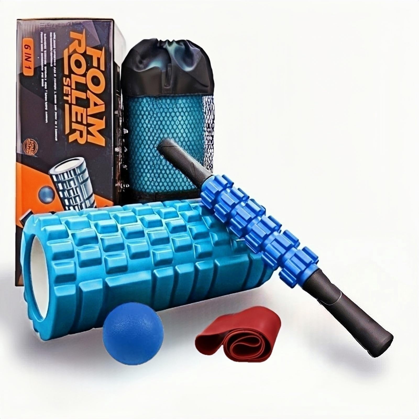 5 In 1 Foam Roller Set Includes Hollow Core Massage  Yoga Stick Ball Fitness Stretching Strap Carrying Bag Towel (blue)