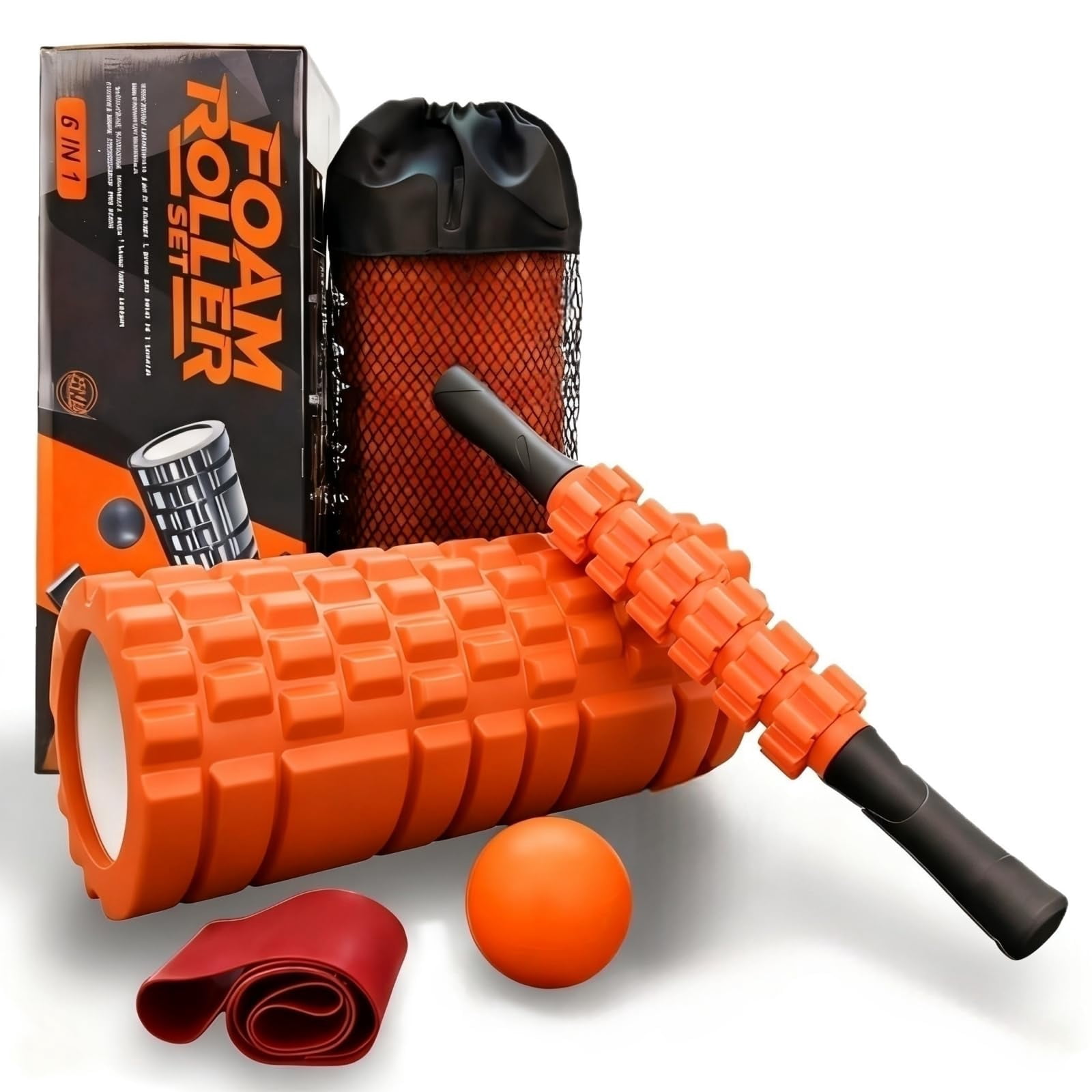 5 In 1 Foam Roller Set Includes Hollow Core Massage  Yoga Stick Ball Fitness Stretching Strap Carrying Bag Towel (orange)