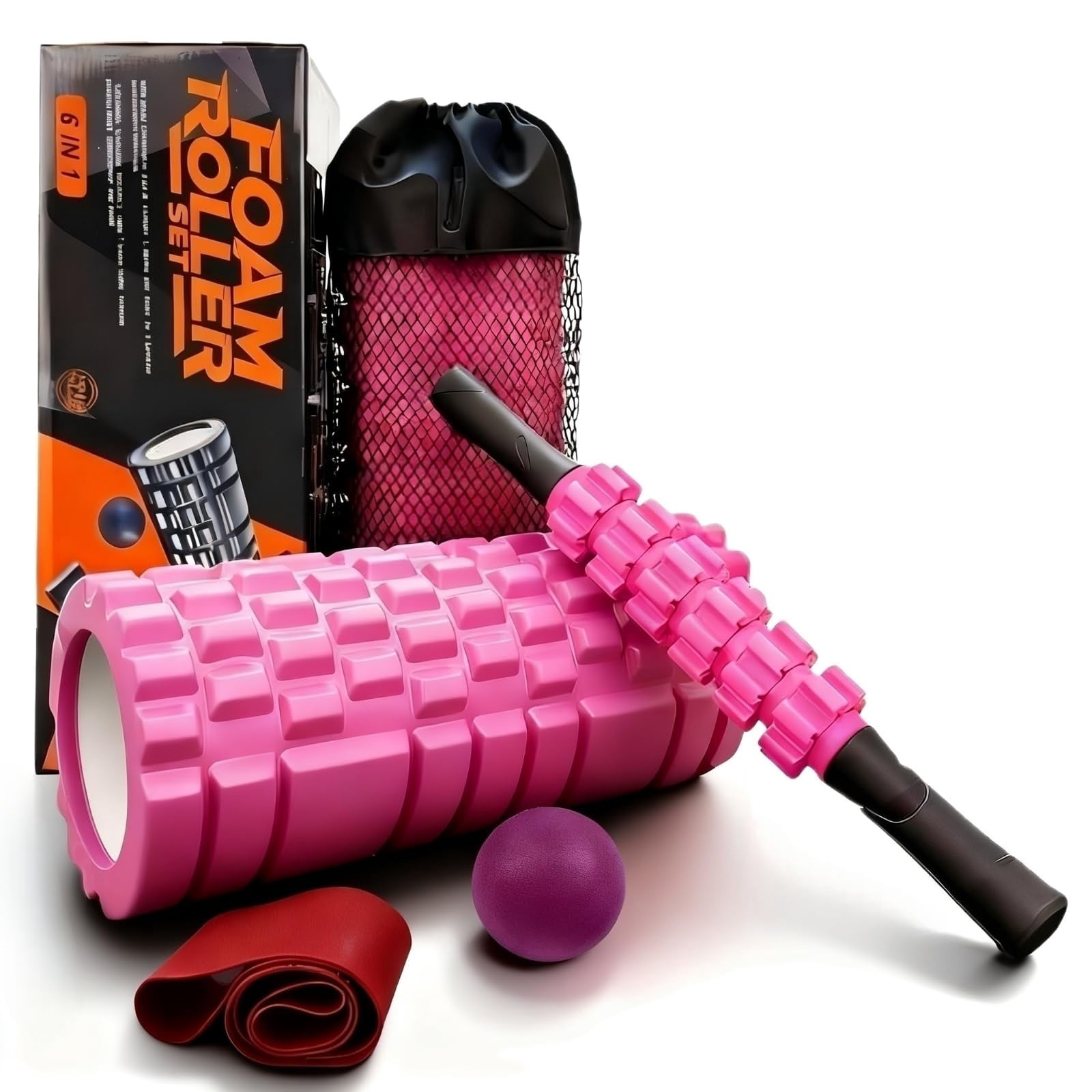 5 In 1 Foam Roller Set Includes Hollow Core Massage  Yoga Stick Ball Fitness Stretching Strap Carrying Bag Towel (pink)