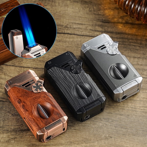 5-In-1 Metal Torch Lighter, Windproof Refillable Fuel Quadruple Jet Blue Flame Lighter, Including V Cutter, Punch, Anti-Scalding Fork And Placeable Lid Holder, Made of Zinc Alloy for Camping Barbecu