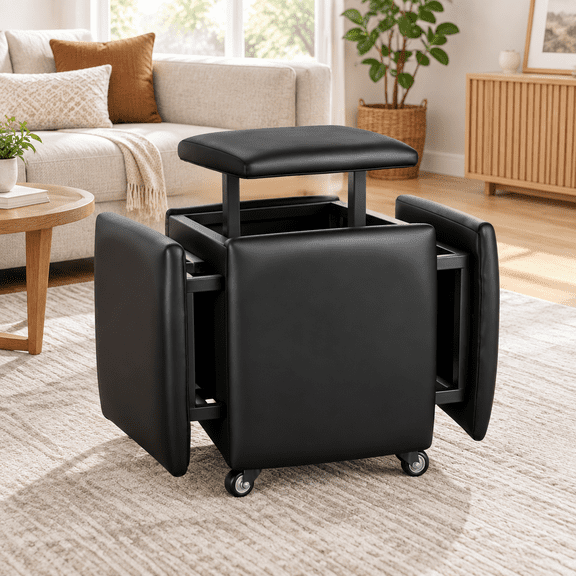 5 In 1 Nesting Faux Leather Ottoman Set, Black, Space-Saving Modular Foot Stools
