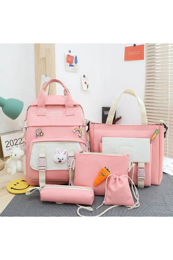 5 In 1 Nylon Waterproof Women Backpack Large Capacity Storage Backpacks Cute Pendant School Bag Multifunctional Backpacks