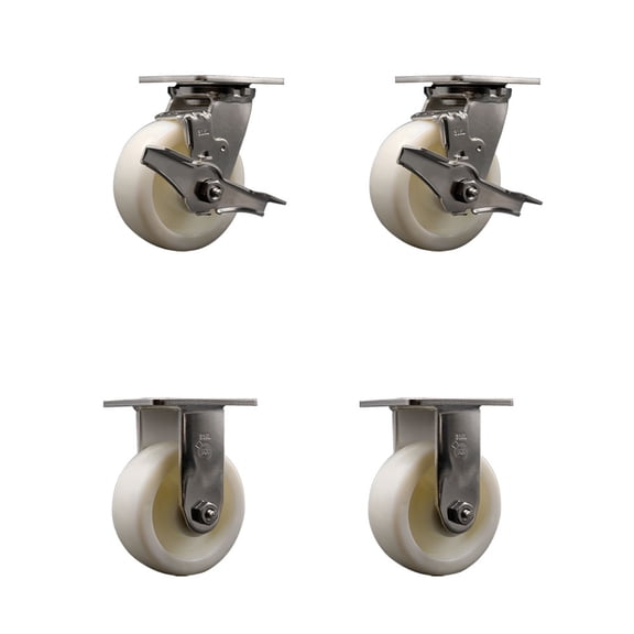 5 Inch 316 Stainless Steel Nylon Caster Set w/Ball Bearings 2 Brakes 2 Rigid SCC