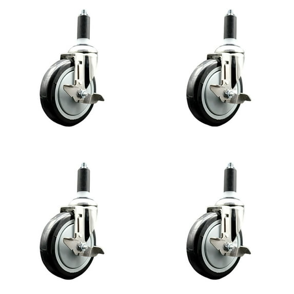 5 Inch 316SS Black Poly Swivel 1-3/8 Inch Expanding Stem Caster Set Brake SCC