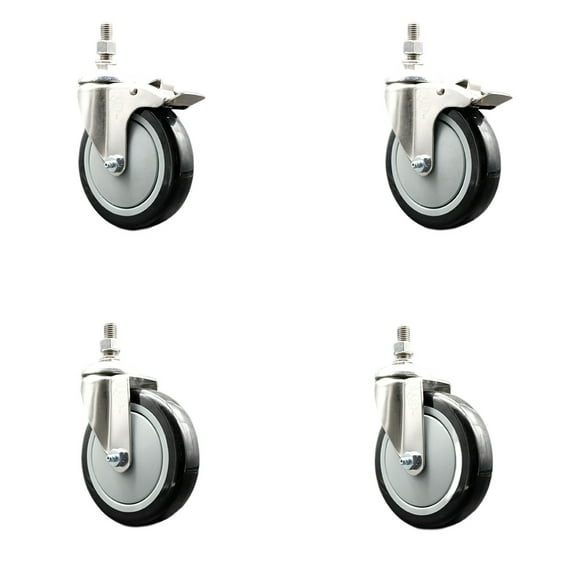 5 Inch 316SS Black Polyurethane 10mm Threaded Stem Caster Set 2 Lock Brake