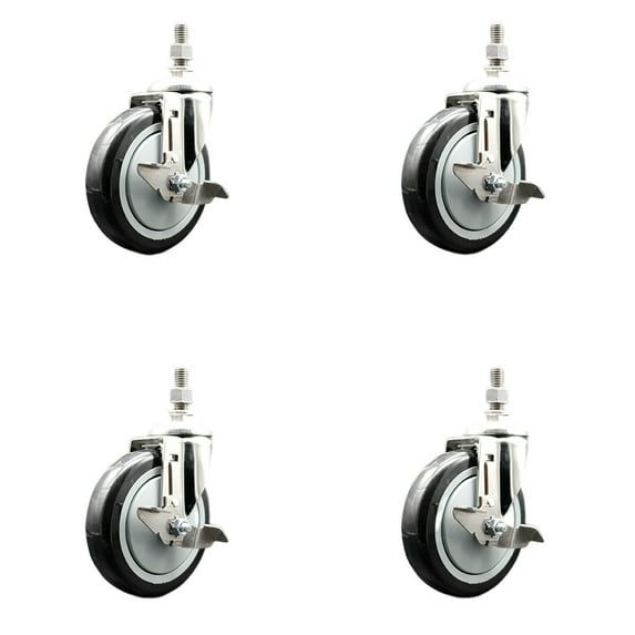 5 Inch 316SS Black Polyurethane Swivel 10mm Threaded Stem Caster Set Brake