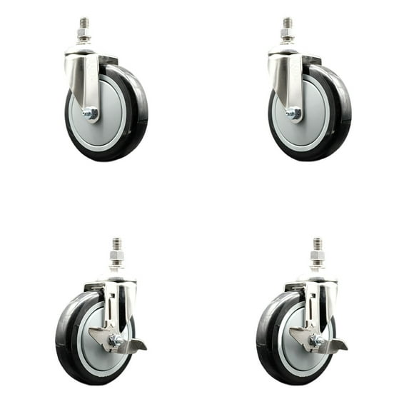 5 Inch 316SS Black Polyurethane Swivel 3/8 Inch Threaded Stem Caster Set 2 Brake