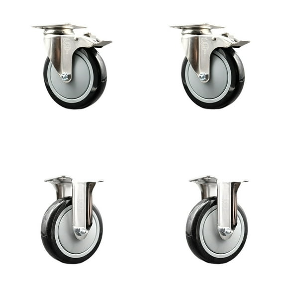 5 Inch 316SS Black Polyurethane Swivel Top Plate Caster Set 2 Lock Brake 2 Rigid