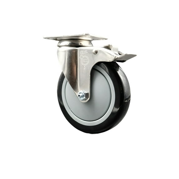 5 Inch 316SS Black Polyurethane Swivel Top Plate Caster with Total Lock Brake