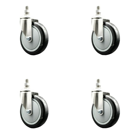 5 Inch 316SS Black Polyurethane Wheel Swivel 12mm Threaded Stem Caster Set