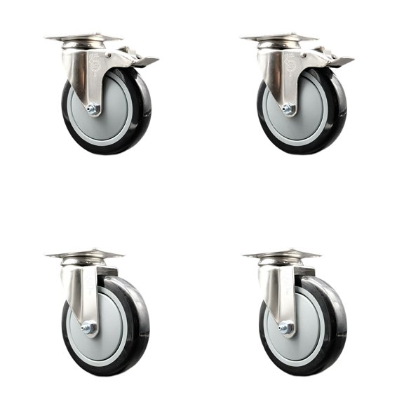 5 Inch 316SS Black Polyurethane Wheel Swivel Top Plate Caster Set 2 Lock Brakes