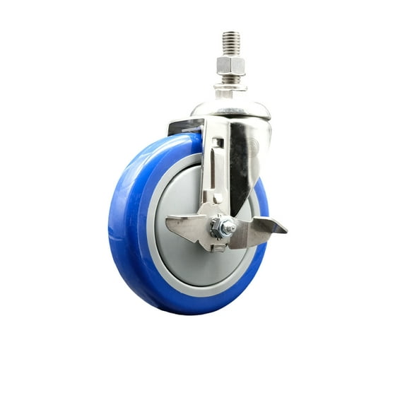 5 Inch 316SS Blue Polyurethane Swivel ½ Inch Threaded Stem Caster with Brake