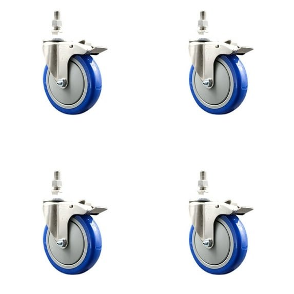 5 Inch 316SS Blue Polyurethane Wheel Swivel 3/8 Inch Stem Caster Set Lock Brake