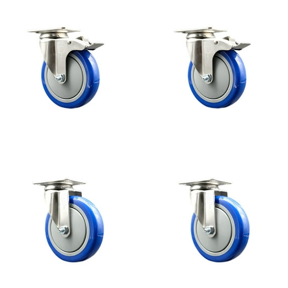 5 Inch 316SS Blue Polyurethane Wheel Swivel Top Plate Caster Set 2 Lock Brakes
