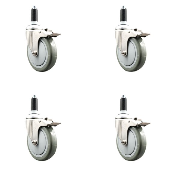 5 Inch 316SS Gray Poly Swivel 1-1/4 Inch Expanding Stem Caster Set Lock Brake