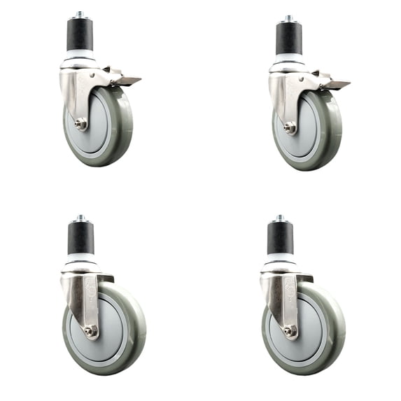 5 Inch 316SS Gray Poly Swivel 1-7/8 Inch Expanding Stem Caster Set 2 Lock Brake