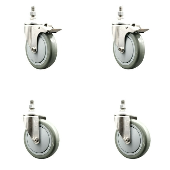 5 Inch 316SS Gray Polyurethane ½ Inch Threaded Stem Caster Set 2 Lock Brake SCC