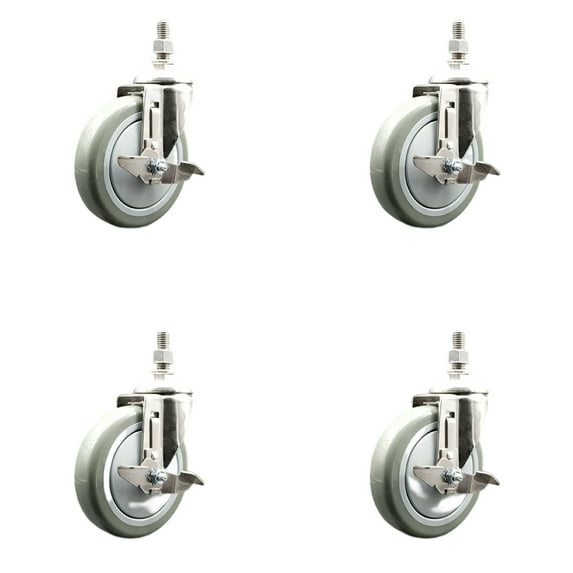 5 Inch 316SS Gray Polyurethane Swivel 12mm Threaded Stem Caster Set Brake