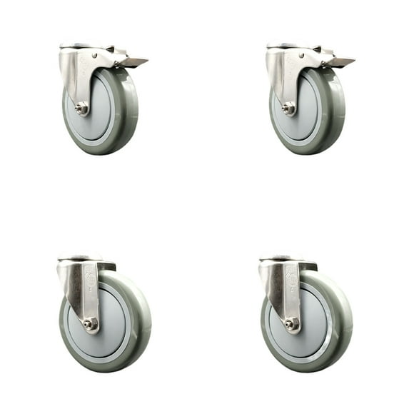 5 Inch 316SS Gray Polyurethane Swivel Bolt Hole Caster Set with 2 Lock Brake