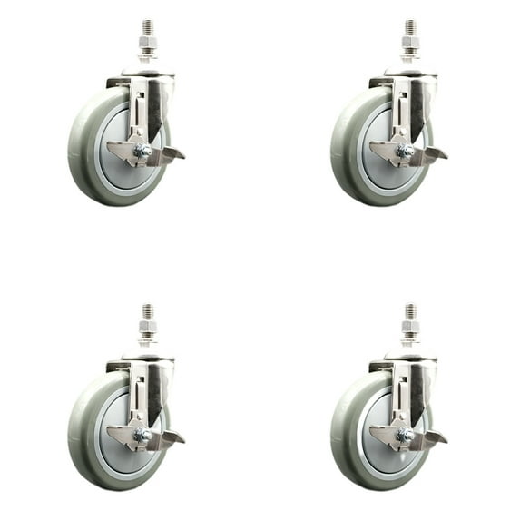 5 Inch 316SS Gray Polyurethane Swivel ½ Inch Threaded Stem Caster Set Brake SCC