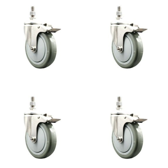 5 Inch 316SS Gray Polyurethane Wheel Swivel ½ Inch Stem Caster Set Lock Brake