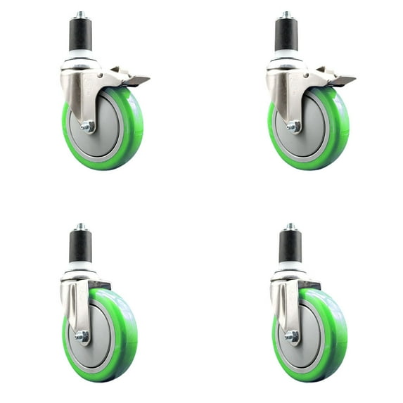5 Inch 316SS Green Poly Swivel 1-1/2 Inch Expanding Stem Caster Set 2 Lock Brake