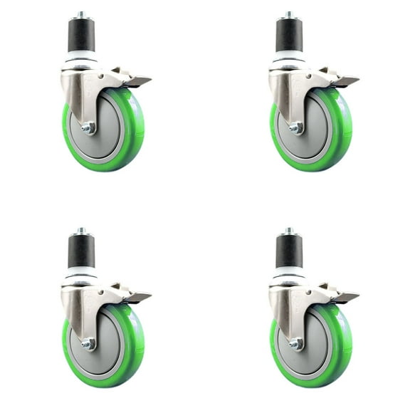 5 Inch 316SS Green Poly Swivel 1-3/4 Inch Expanding Stem Caster Set Lock Brake