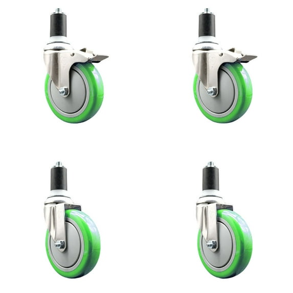 5 Inch 316SS Green Poly Swivel 1-5/8 Inch Expanding Stem Caster Set 2 Lock Brake