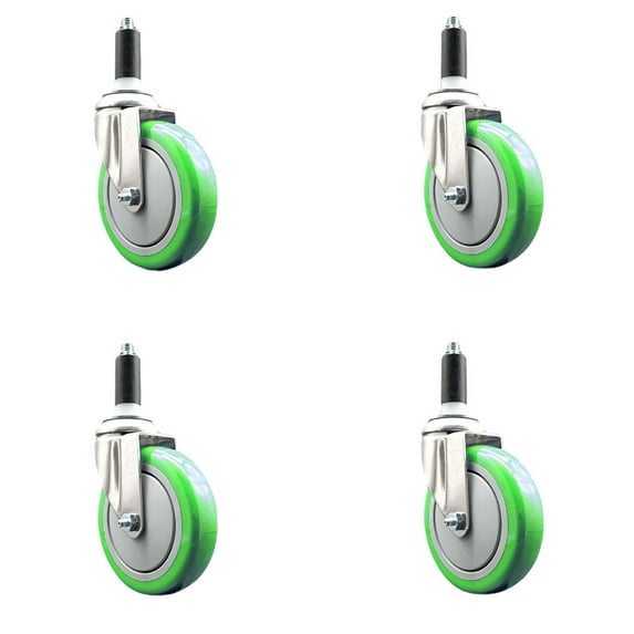 5 Inch 316SS Green Polyurethane Swivel 1-1/8 Inch Expanding Stem Caster Set SCC
