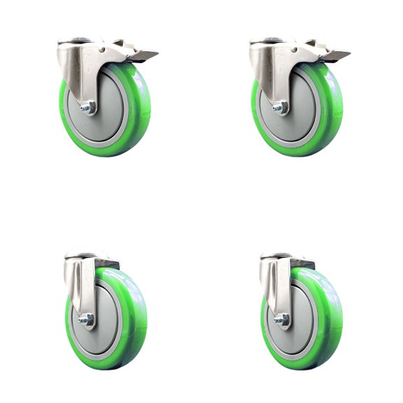 5 Inch 316SS Green Polyurethane Swivel Bolt Hole Caster Set with 2 Lock Brake