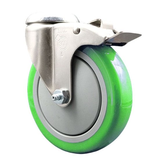 5 Inch 316SS Green Polyurethane Swivel Bolt Hole Caster with Total Lock Brake