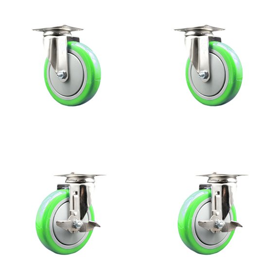 5 Inch 316SS Green Polyurethane Wheel Swivel Top Plate Caster Set 2 Brakes SCC