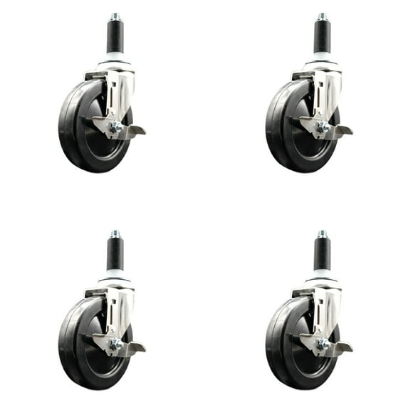 5 Inch 316SS Hard Rubber Swivel 1 Inch Expanding Stem Caster Set Brake SCC