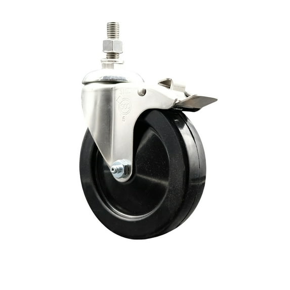 5 Inch 316SS Hard Rubber Swivel 12mm Threaded Stem Caster Total Lock Brake