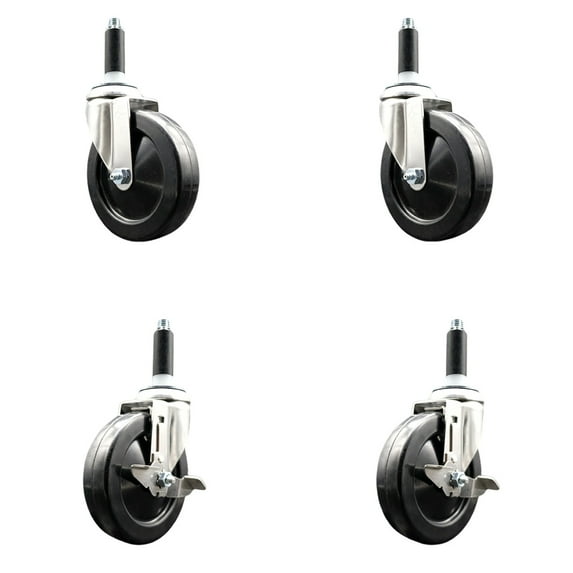 5 Inch 316SS Hard Rubber Swivel 7/8 Inch Expanding Stem Caster Set 2 Brake SCC