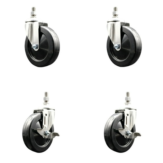 5 Inch 316SS Soft Rubber Wheel Swivel 12mm Threaded Stem Caster Set 2 Brakes
