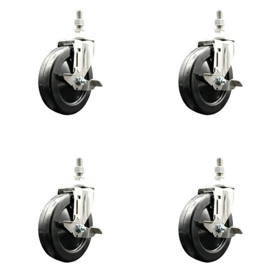 5 Inch 316SS Hard Rubber Wheel Swivel 12mm Threaded Stem Caster Set Brake
