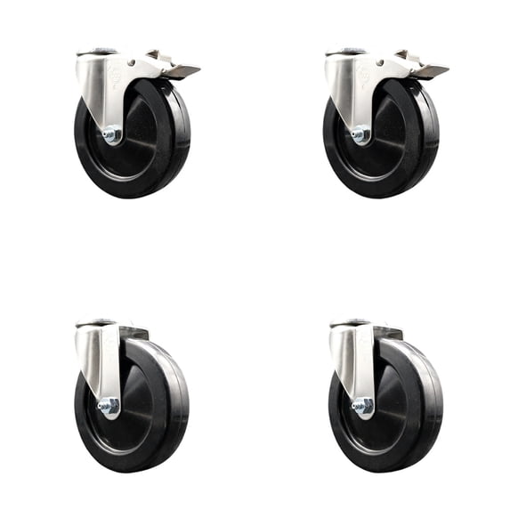 5 Inch 316SS Hard Rubber Wheel Swivel Bolt Hole Caster Set with 2 Lock Brake SCC