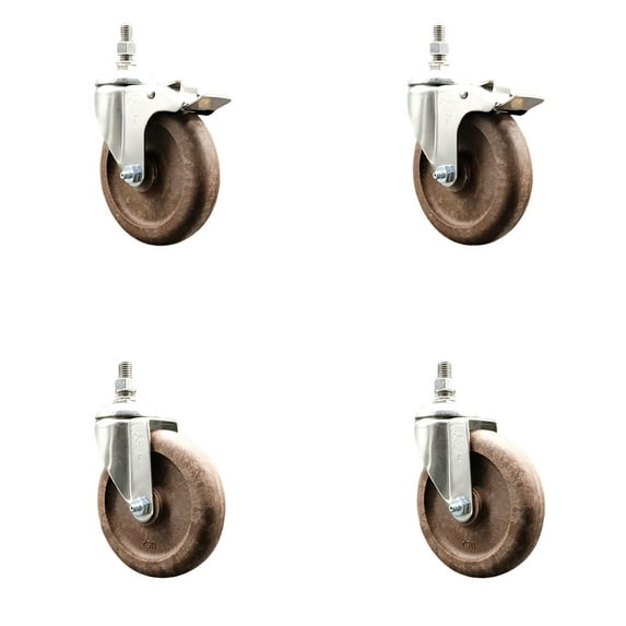 5 Inch 316SS High Temp Glass Filled Nylon 10mm Stem Caster Set 2 Lock Brake