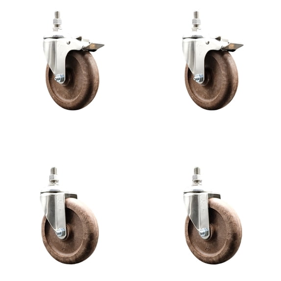 5 Inch 316SS High Temp Glass Filled Nylon 12mm Stem Caster Set 2 Lock Brake