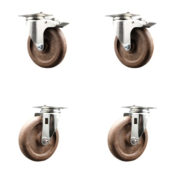 5 Inch 316SS High Temp Glass Filled Nylon Top Plate Caster Set 2 Lock Brakes SCC