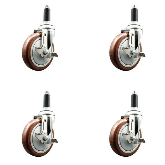 5 Inch 316SS Maroon Poly Swivel 1-1/8 Inch Expanding Stem Caster Set Brake SCC